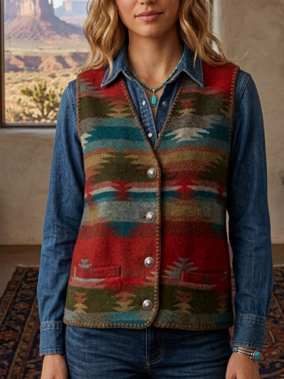 Southwestern Patterned Button-Up Vest